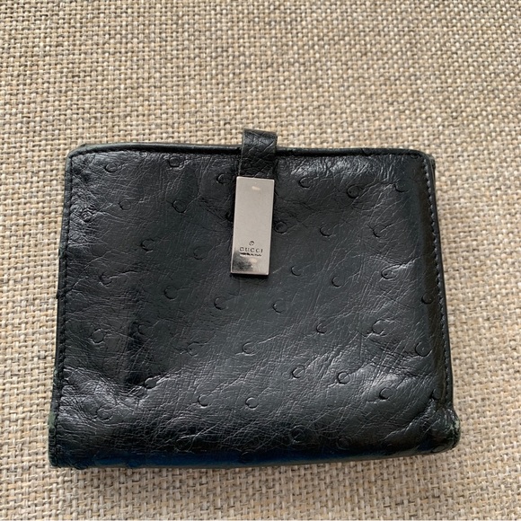 Gucci Ostrich Leather Black Wallet Compact Bifold Coin Pocket Italy Designer - Picture 1 of 12